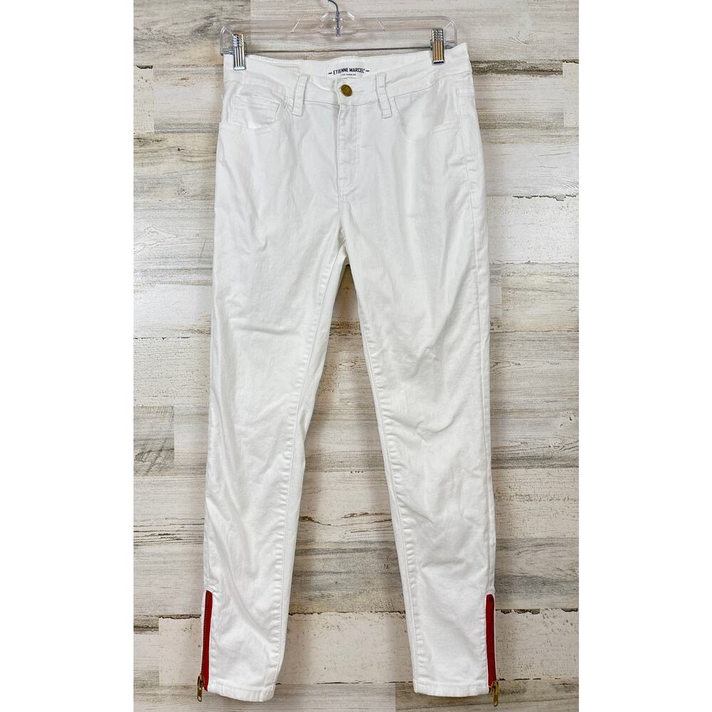 Etienne Marcel Womens 8 White Skinny Jeans Red Zipper Stretch Designer Pants - Picture 2 of 9